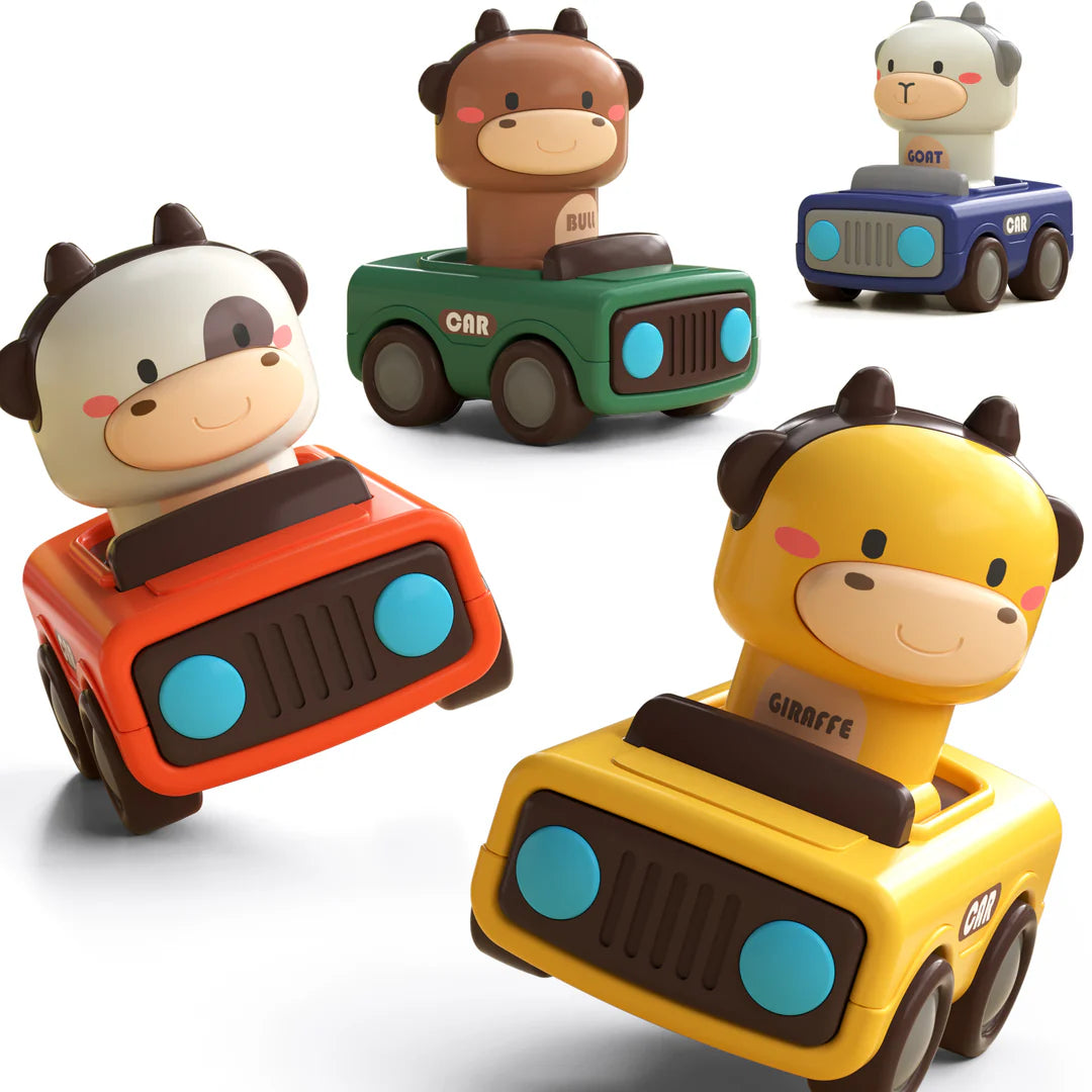 Colorful press and go animal car toy by iplayilearn featuring cute animal designs and smooth wheels for kids' play.