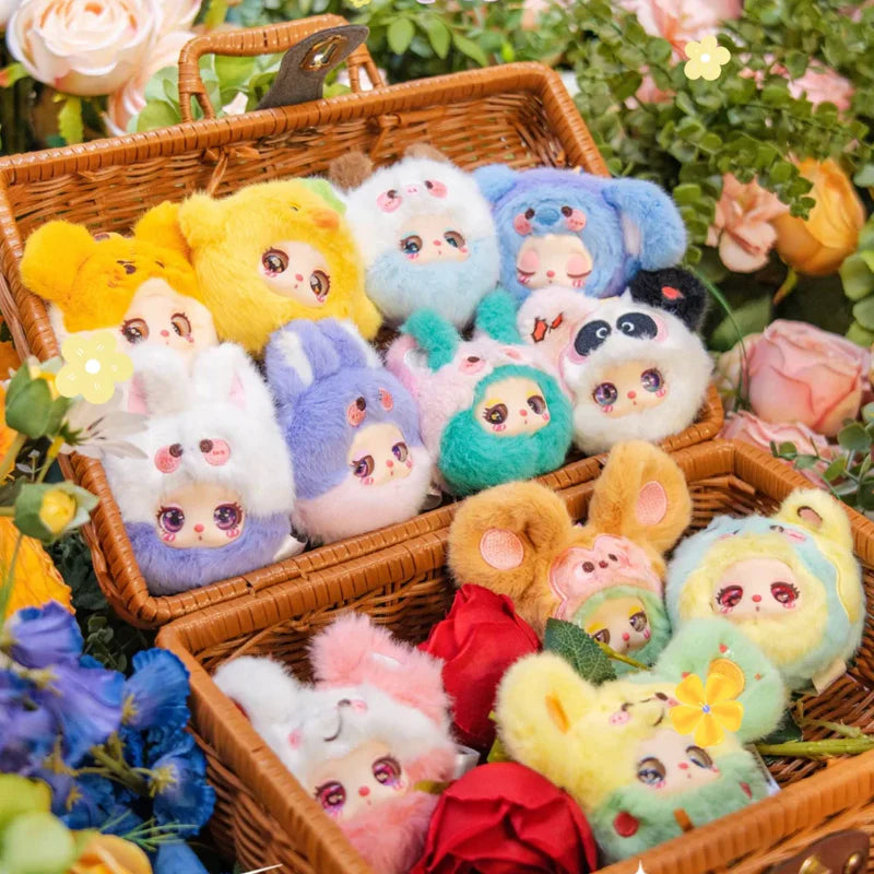 Baby Three Lila's Garden Tea Party Mini Plush Blind Box featuring adorable plush characters in colorful packaging.