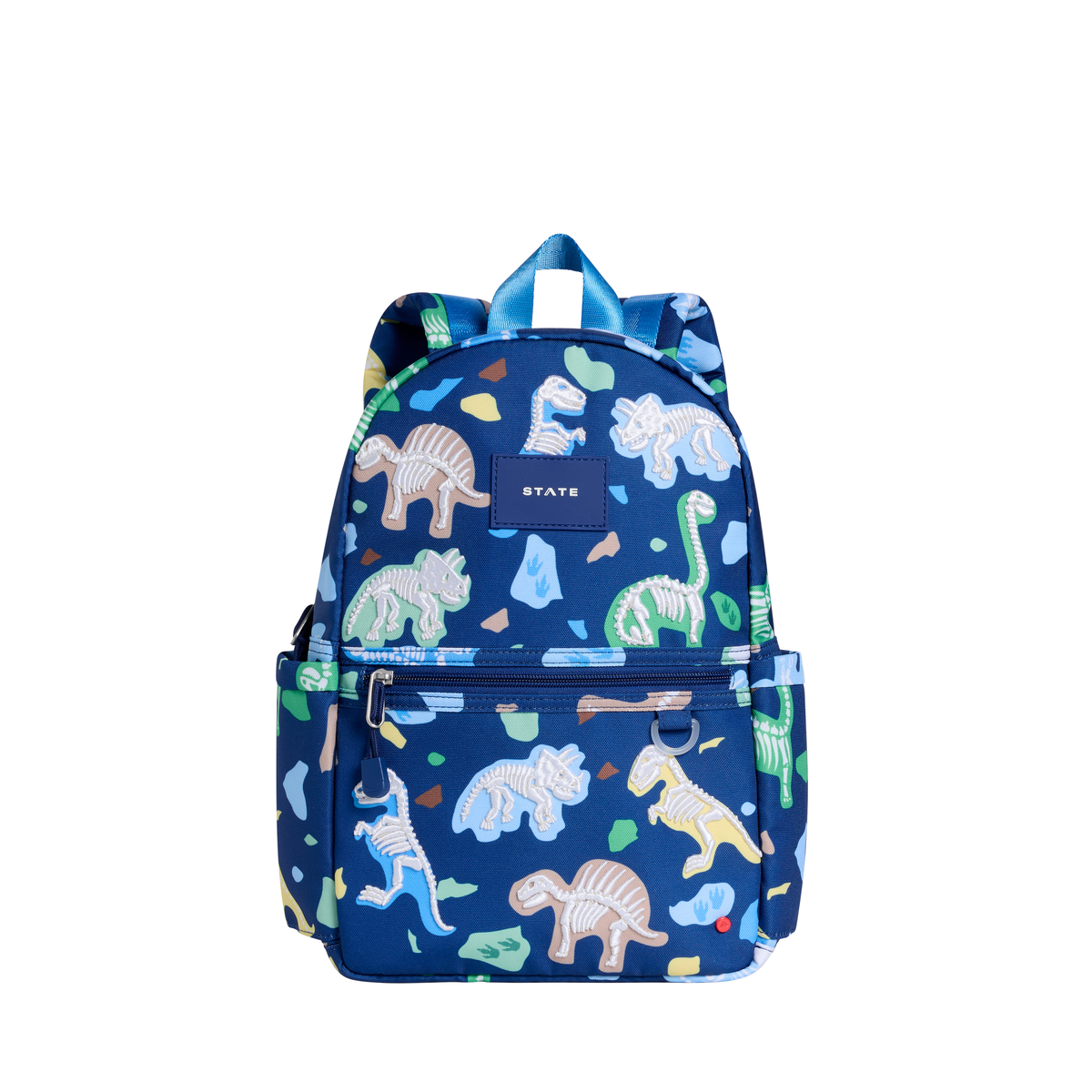 State Bags Dino Fossils Kane mini backpack featuring a colorful dinosaur fossil design on durable fabric.
