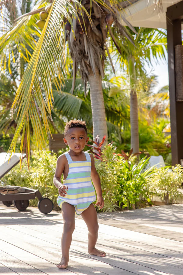 Samford Stripe Stillman Sunsuit by The Beaufort Bonnet Company featuring colorful striped fabric and sun protection collar for babies.
