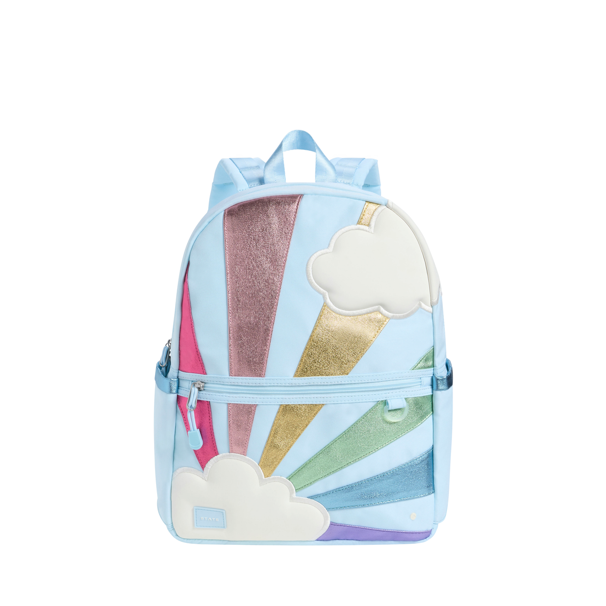 Rainbow Cloud Kane Backpack by State Bags featuring a colorful cloud design on durable fabric with adjustable straps.