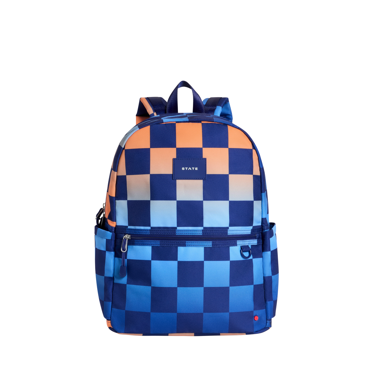 Gradient checkerboard Kane double pocket backpack by State Bags with adjustable straps and multiple compartments.