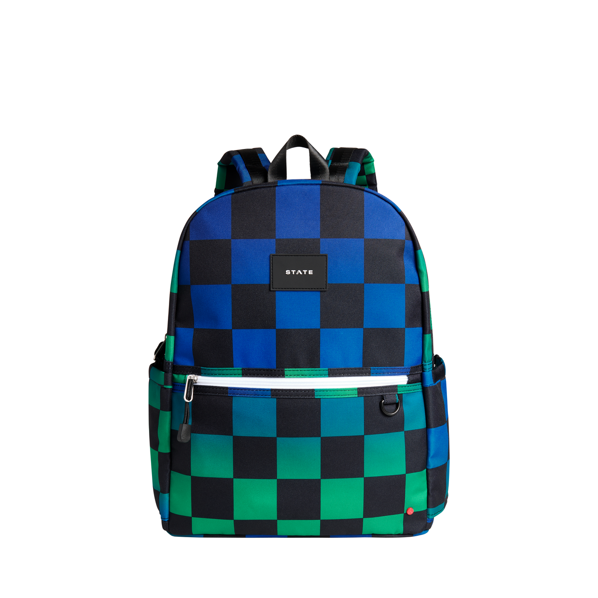 Blue checkerboard Kane double pocket backpack by State Bags, featuring two front pockets and adjustable shoulder straps.