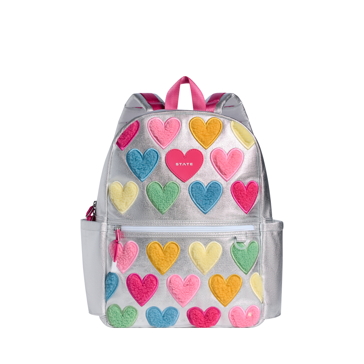 State Bags Happy Fuzzy Hearts Kane Backpack featuring pink fuzzy hearts design with adjustable straps and front pocket.