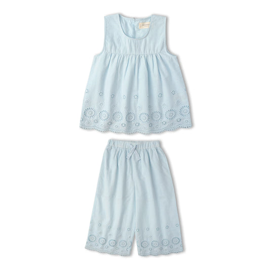 Light Blue Eyelet Organic Eyelet Top And Pant Set