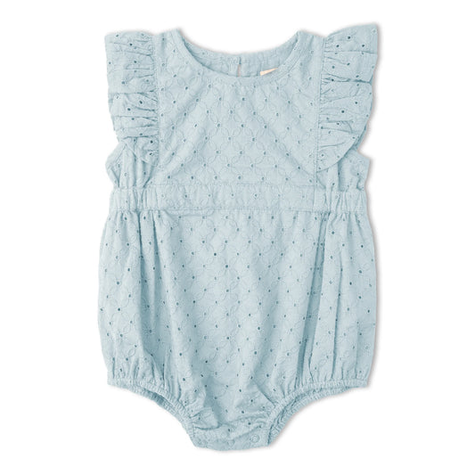 Light Blue Eyelet Organic Eyelet Flutter Romper