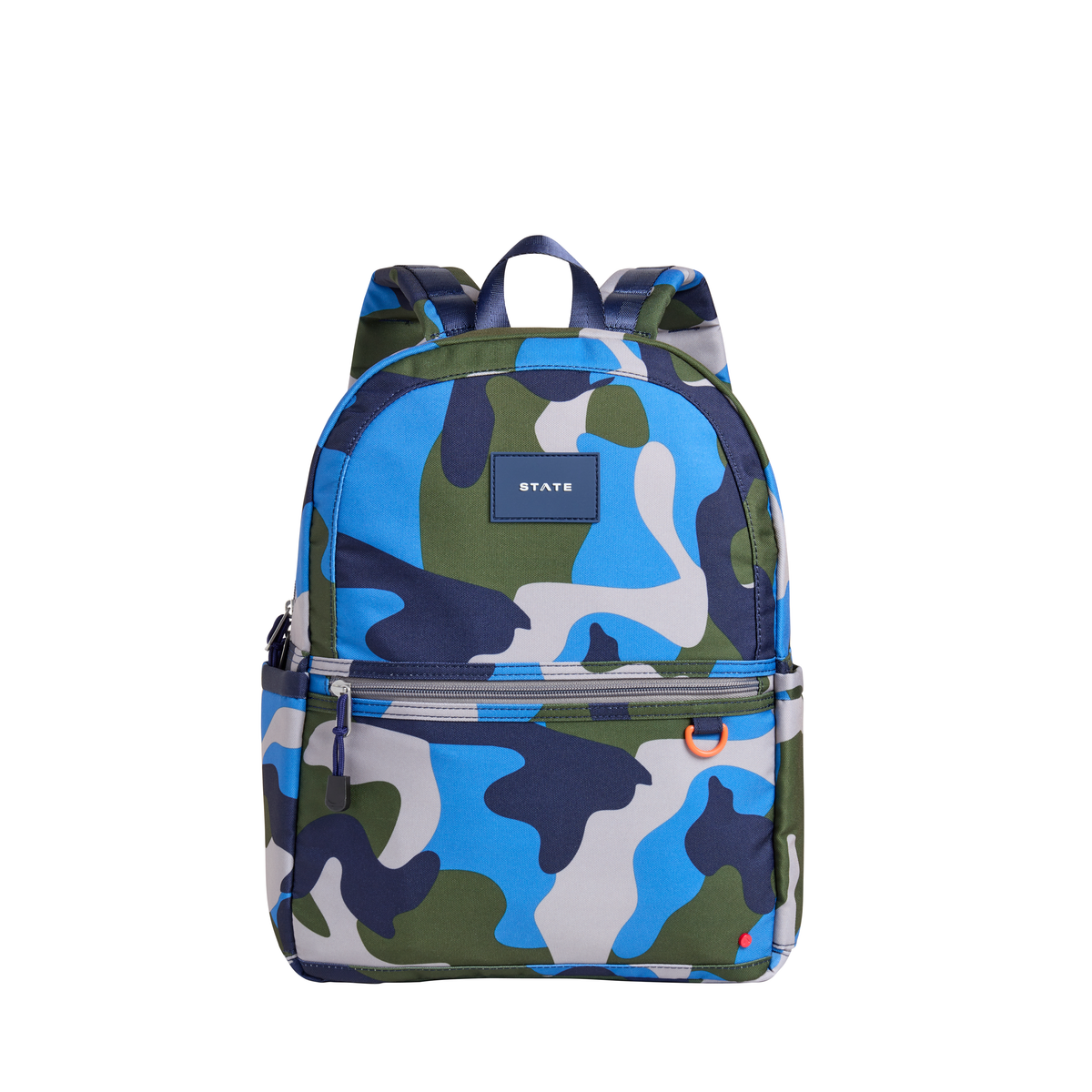 Camo Kane Double Pocket Backpack by State Bags showing green and brown camouflage fabric with multiple compartments
