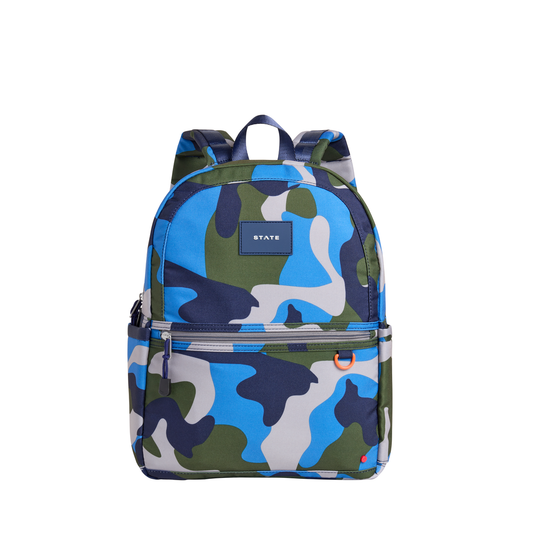 Camo Kane Double Pocket Backpack by State Bags showing green and brown camouflage fabric with multiple compartments