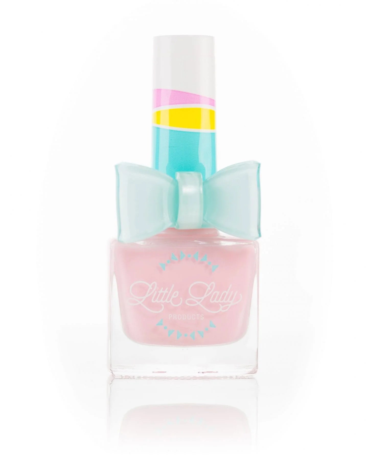 Little Lady kid-safe scented nail polish in marshmallow clouds shade with pastel pink and white hues, suitable for children.
