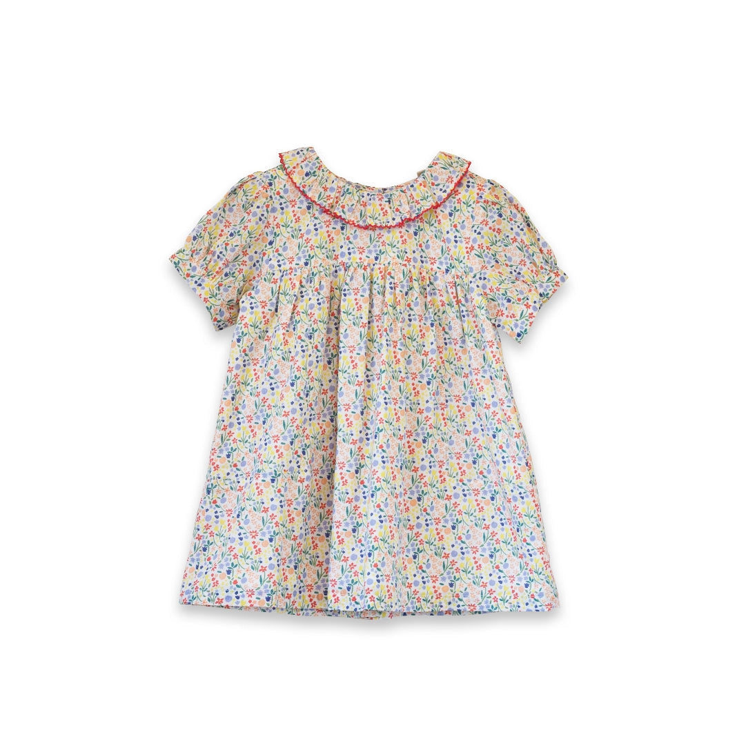 Yellow Petal Confetti Toddler Emily Dress with lace trim by Beet World, featuring a floral pattern and soft fabric for little girls.