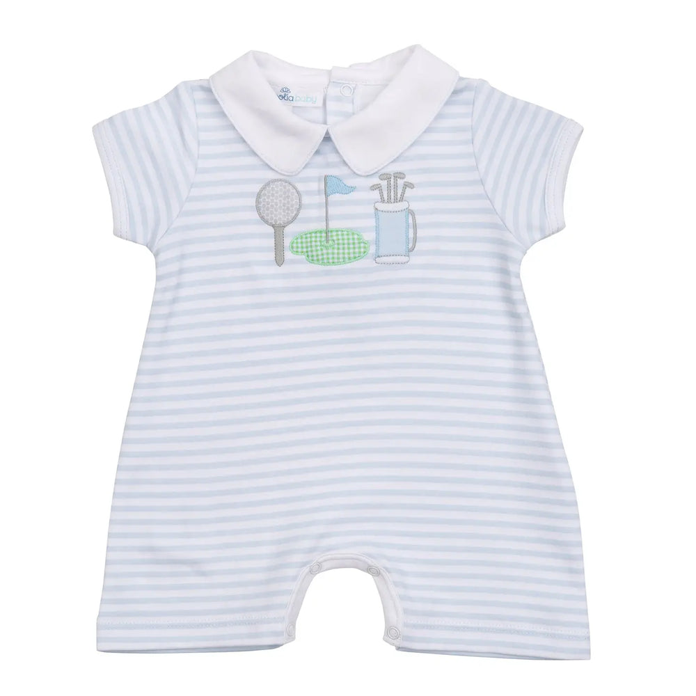 Magnolia Baby - Putting Green Applique Light Blue Collared Short Playsuit