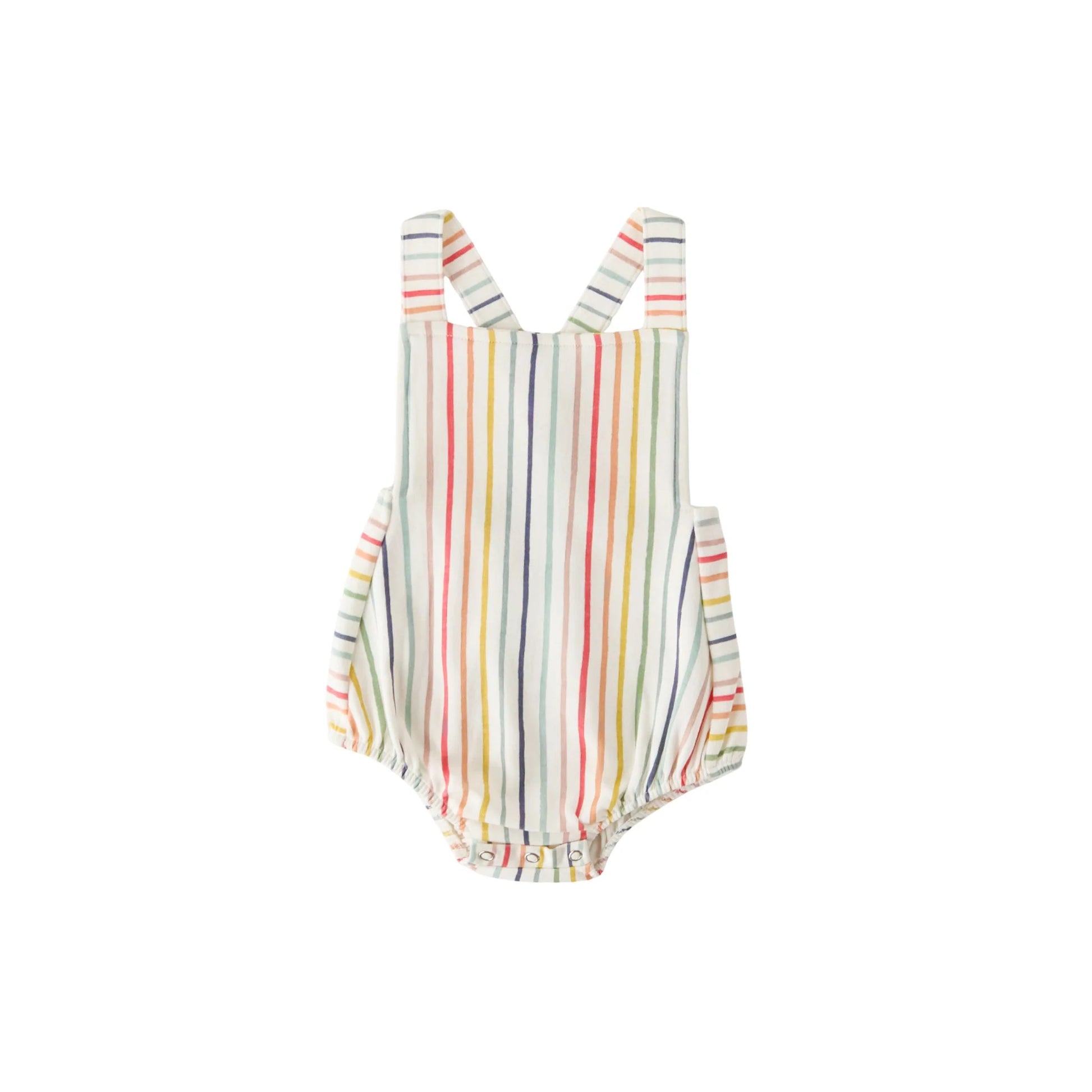 Pehr Stripes Away Rainbow Criss-Cross One-Piece featuring colorful rainbow stripes and criss-cross straps on a child's swimsuit.