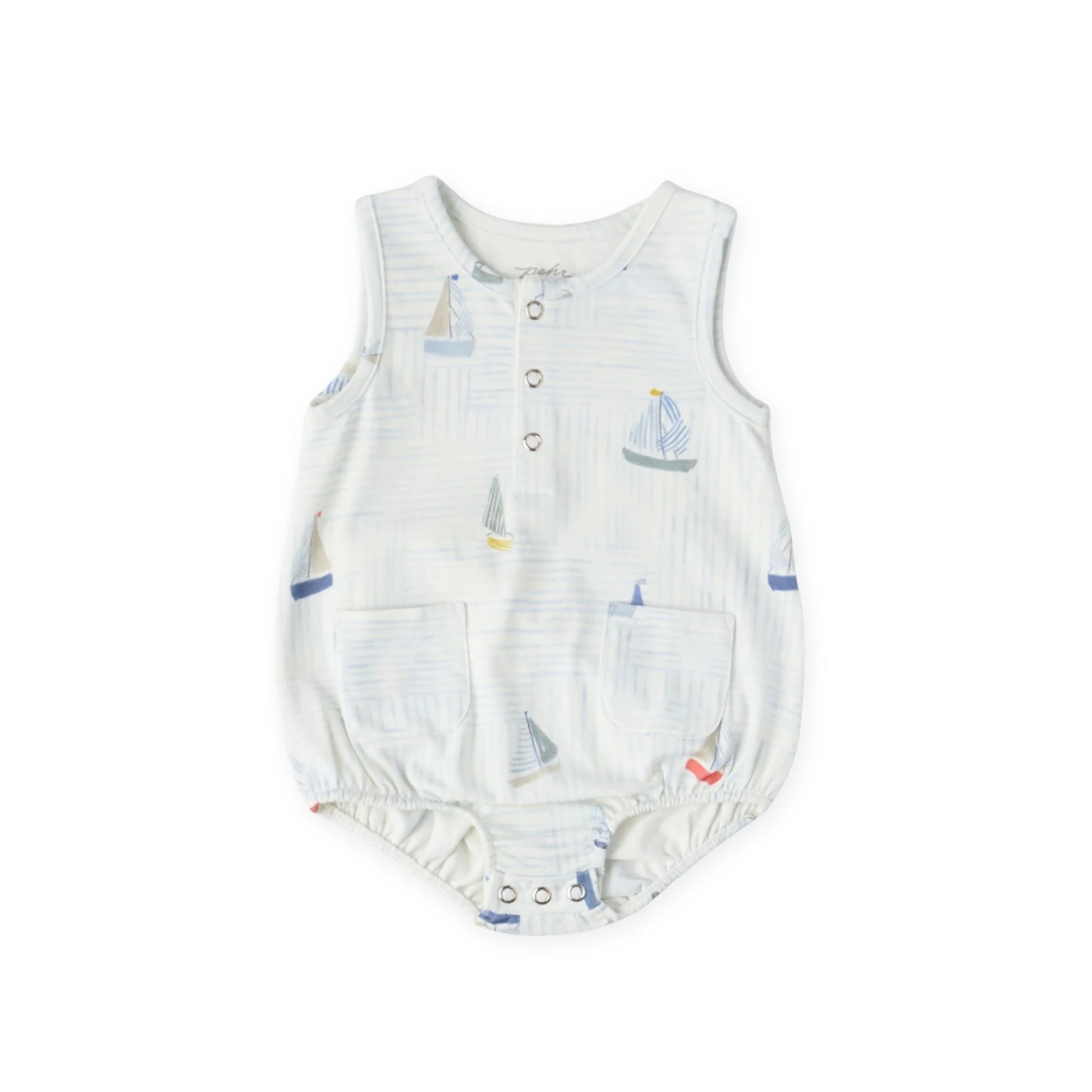 Pehr Set Sail sleeveless one-piece for babies, featuring nautical print and comfortable fit, perfect for warm weather.