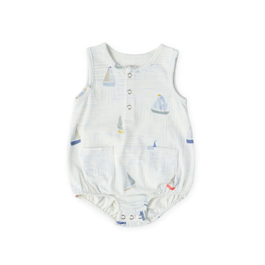 Pehr Set Sail sleeveless one-piece for babies, featuring nautical print and comfortable fit, perfect for warm weather.