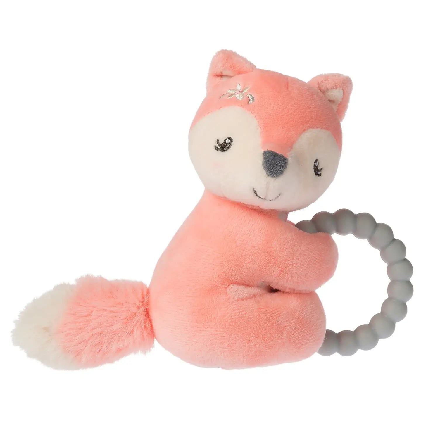 Mary Meyer Sweet N Sassy teether rattle for babies, featuring colorful, soft toy with textured surfaces for soothing and entertainment.