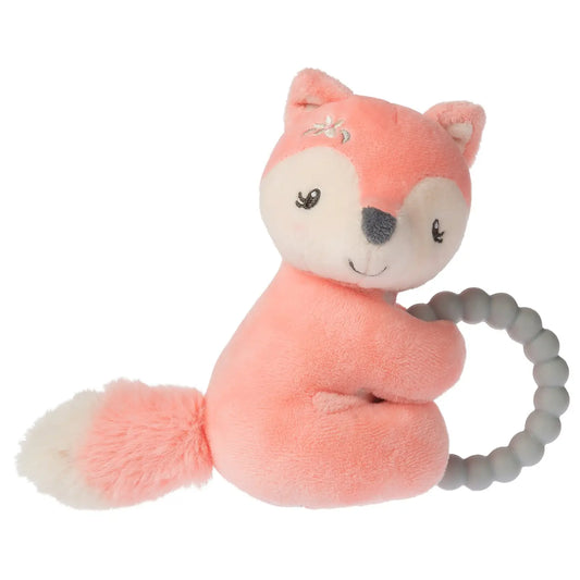 Mary Meyer Sweet N Sassy teether rattle for babies, featuring colorful, soft toy with textured surfaces for soothing and entertainment.