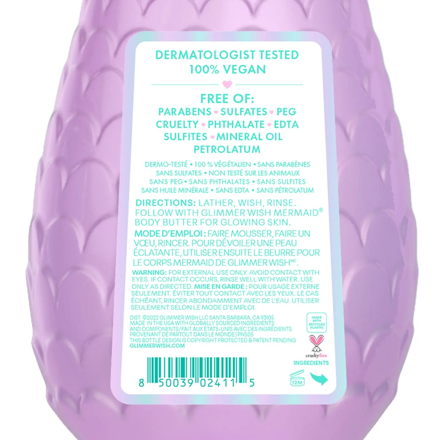 Mermaid-themed Glimmer Wish body wash bottle from Sweet E's Children's Boutique with colorful aquatic design.