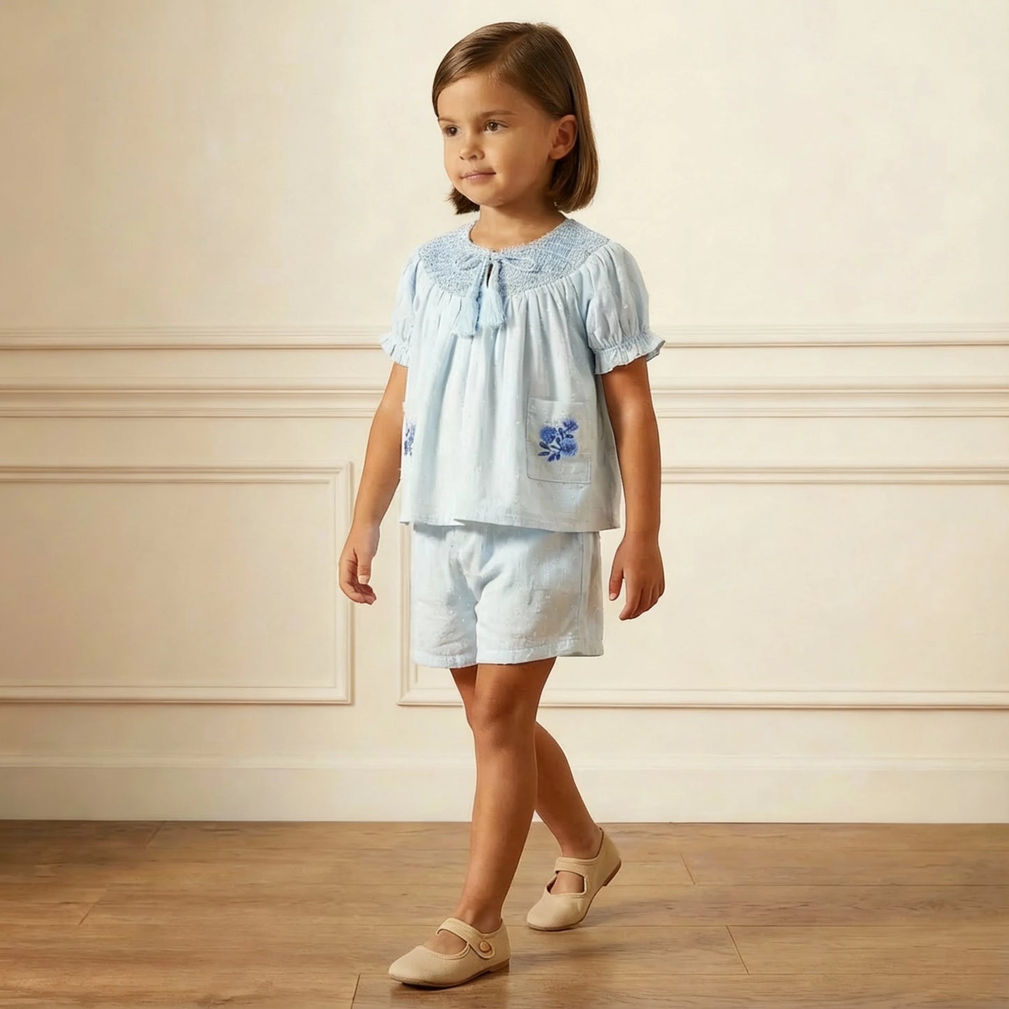 Light Blue Organic Smocked Top & Shorts Set