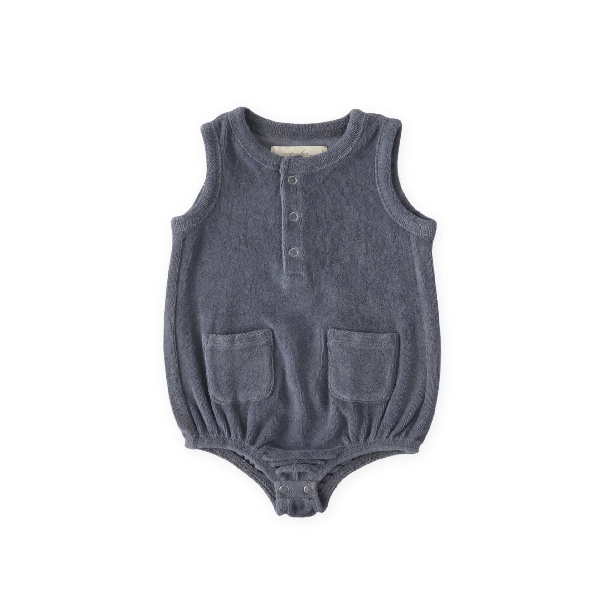Pehr Ocean Classic Terry Pocket One-Piece featuring a cozy terry fabric and front pocket, perfect for babies or toddlers.