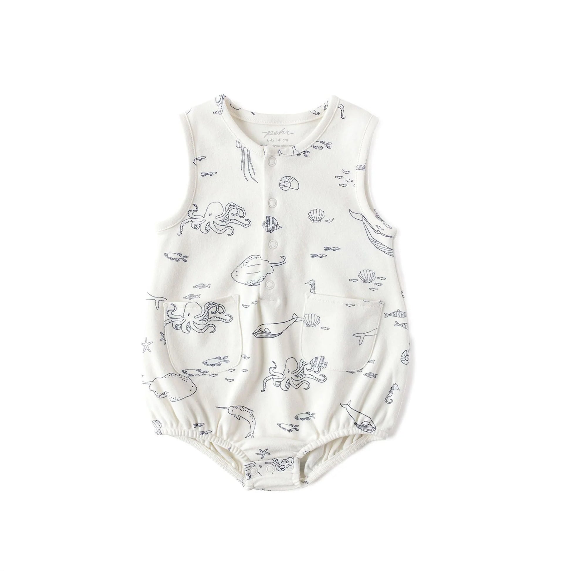 Pehr Life Aquatic sleeveless one-piece swimsuit featuring vibrant aquatic print and comfortable fit for kids.