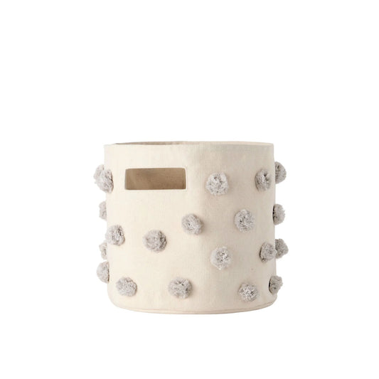 Grey Pehr Pom Pom Basket Pint with soft pom pom decorations, perfect for storage and organization in home decor.