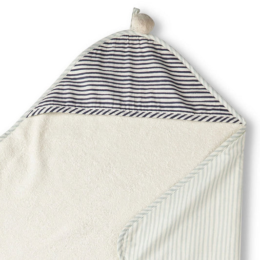 Pehr Stripes Away Sea hooded towel featuring colorful striped pattern and soft terry fabric for kids' bath or beach use.