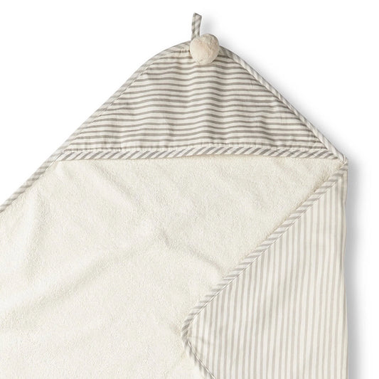 Pehr Stripes Away Pebble Hooded Towel featuring grey and white striped fabric with a hood for children’s bath or beach use.