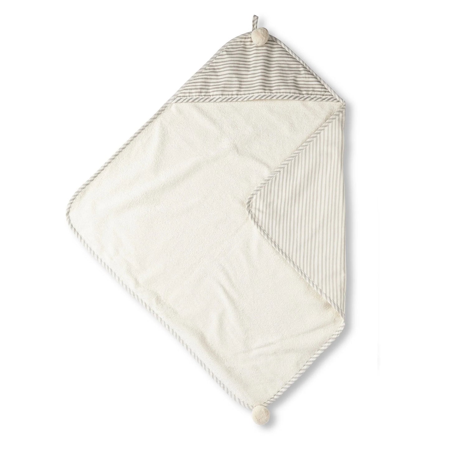 Pehr Stripes Away Pebble hooded towel with grey and white stripes, soft cotton fabric, designed for children’s bath time.