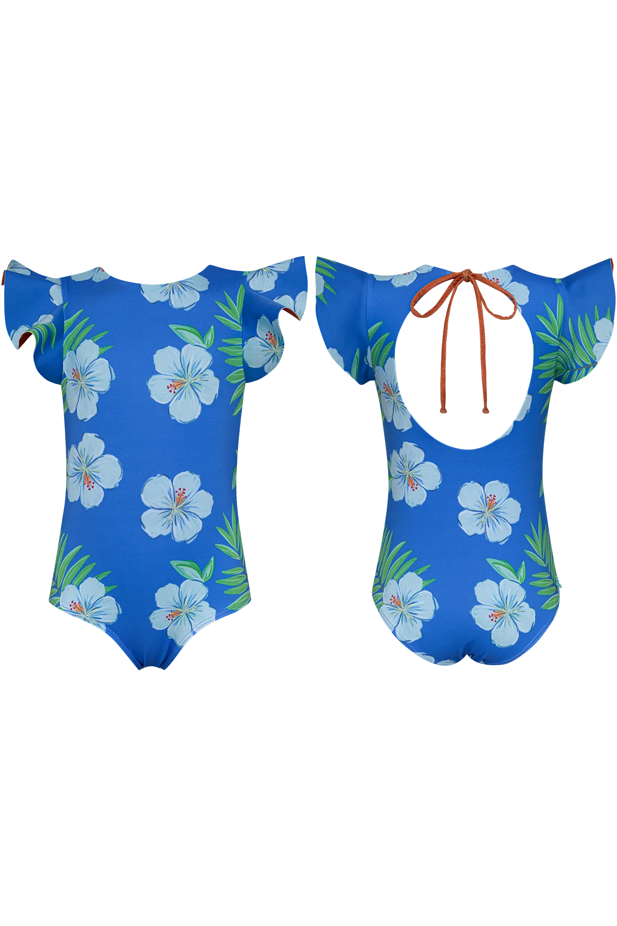 Hibiscus Azul Dayana one-piece swimsuit by Pepita & Me featuring vibrant hibiscus print and adjustable straps.