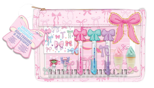Hot Focus Bowtiful Wristlet Stationary Set featuring colorful pens, notepad, and accessories in a stylish wristlet design.