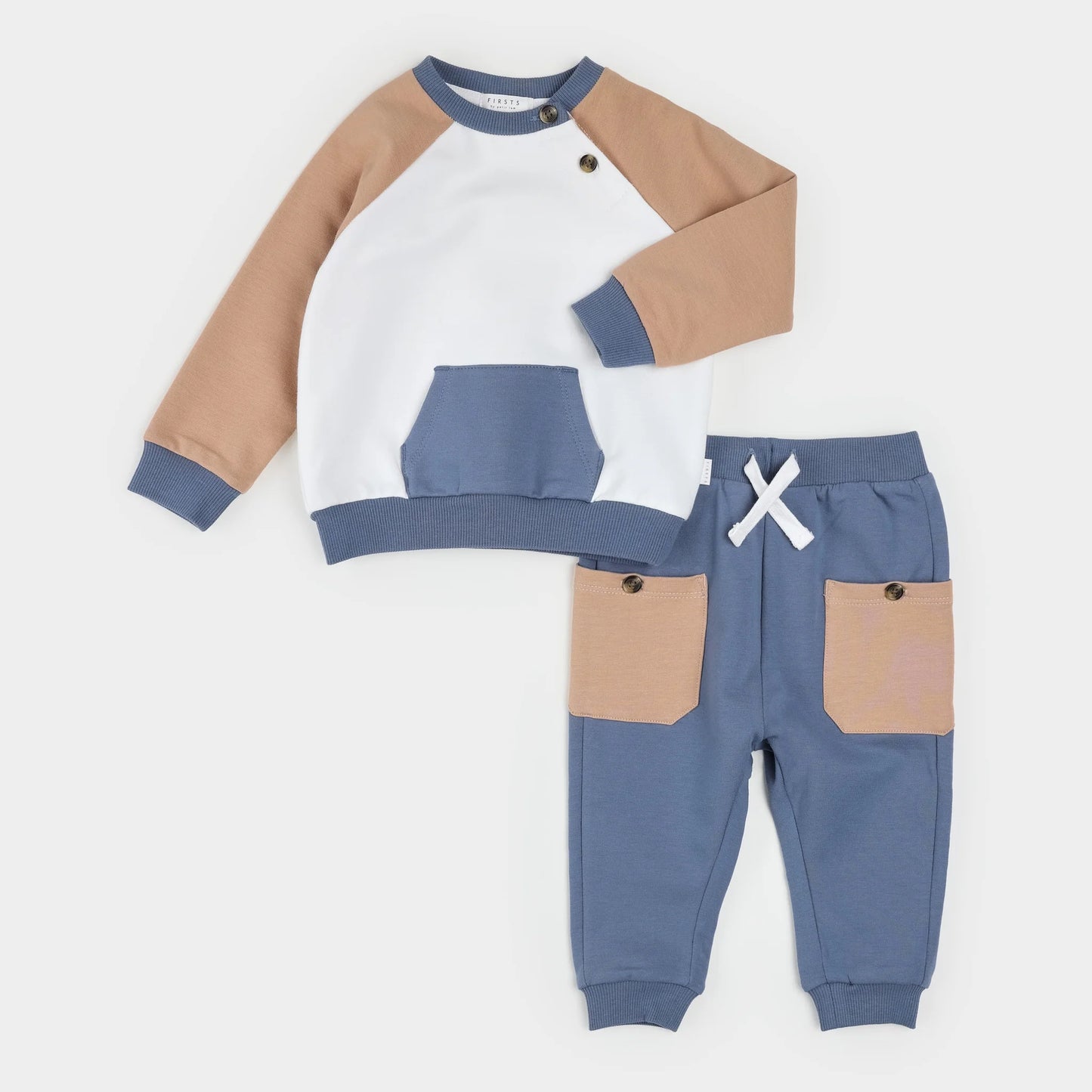 Petit Lem mocha and indigo color block outfit set for kids, featuring a stylish matching top and bottom.
