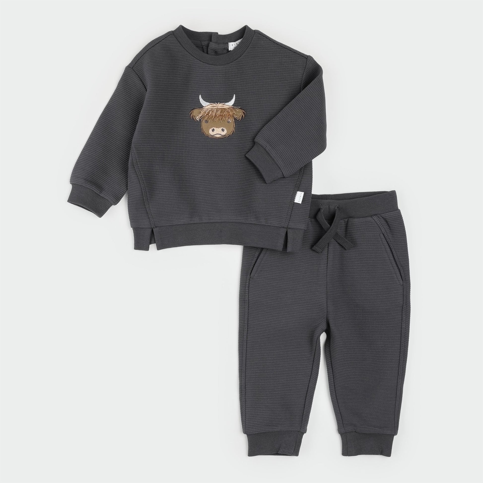 Petit Lem Highland Cow Ottoman Outfit Set featuring a cozy, cow-themed fabric design and comfortable fit for children.