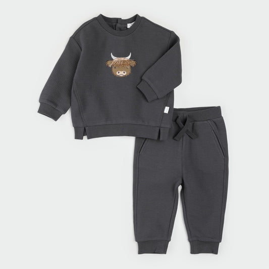 Petit Lem Highland Cow Ottoman Outfit Set featuring a cozy, cow-themed fabric design and comfortable fit for children.