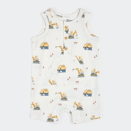 Off-white sleeveless romper with diggers print for kids by Petit Lem, featuring playful construction vehicle designs on soft fabric.