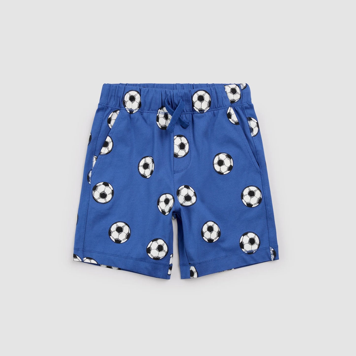 Royal blue soccer print shorts by Miles the Label featuring a dynamic athletic design and comfortable fit.