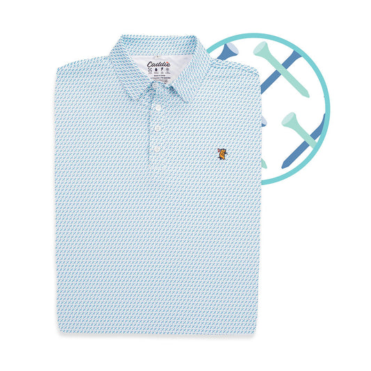 Youth Caddie X-Factor Polo shirt in navy with a collared neckline and short sleeves, displayed on a hanger.