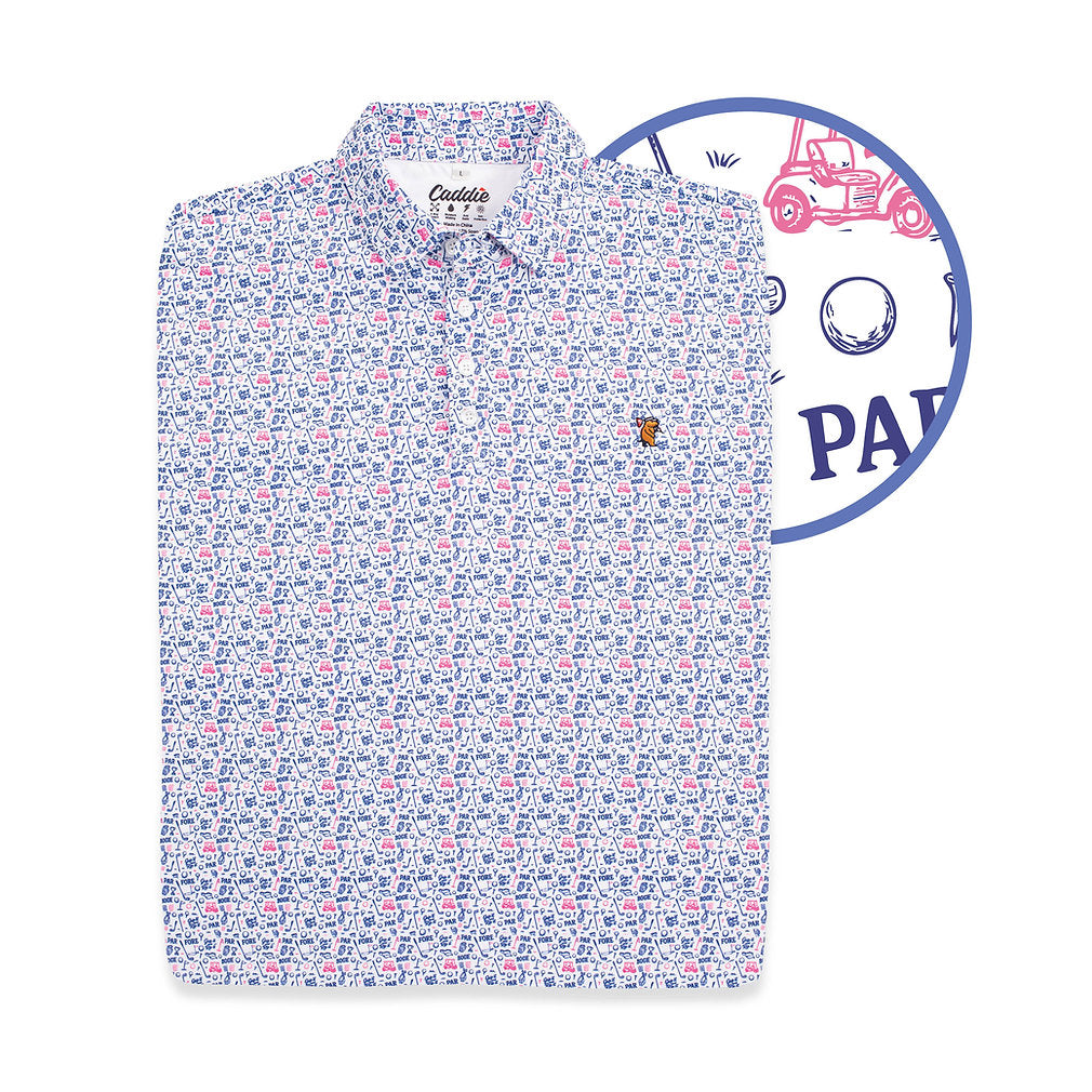 Youth Tally Polo by Caddie, green short-sleeve golf polo shirt with collar and button placket, displayed on a mannequin.