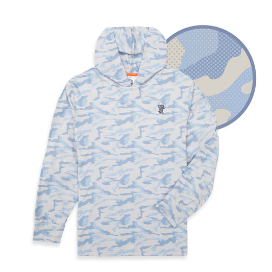 Youth Backspin Camo Hoodie by Caddie, featuring a camouflage design and comfortable fit, shown on a model.