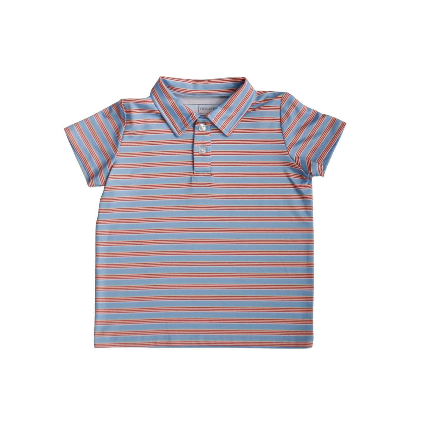 Red and blue striped Kyle Polo shirt by Hollis Baker, featuring a classic collar and short sleeves, laid flat on a white background.