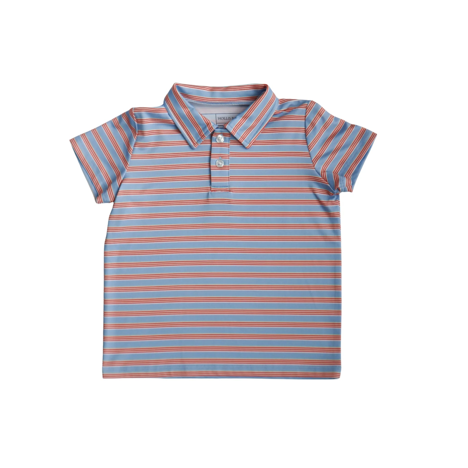 Red and blue striped Kyle Polo shirt by Hollis Baker, featuring a classic collar and short sleeves, laid flat on a white background.