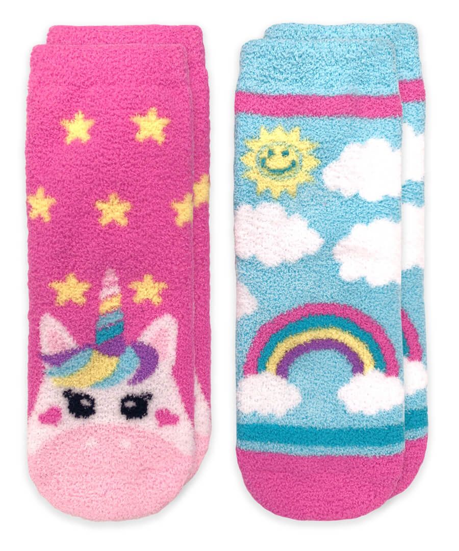 Jefferies Socks - Unicorn and Rainbow Fuzzy Non-Skid Slipper Socks 2 Pair Pack