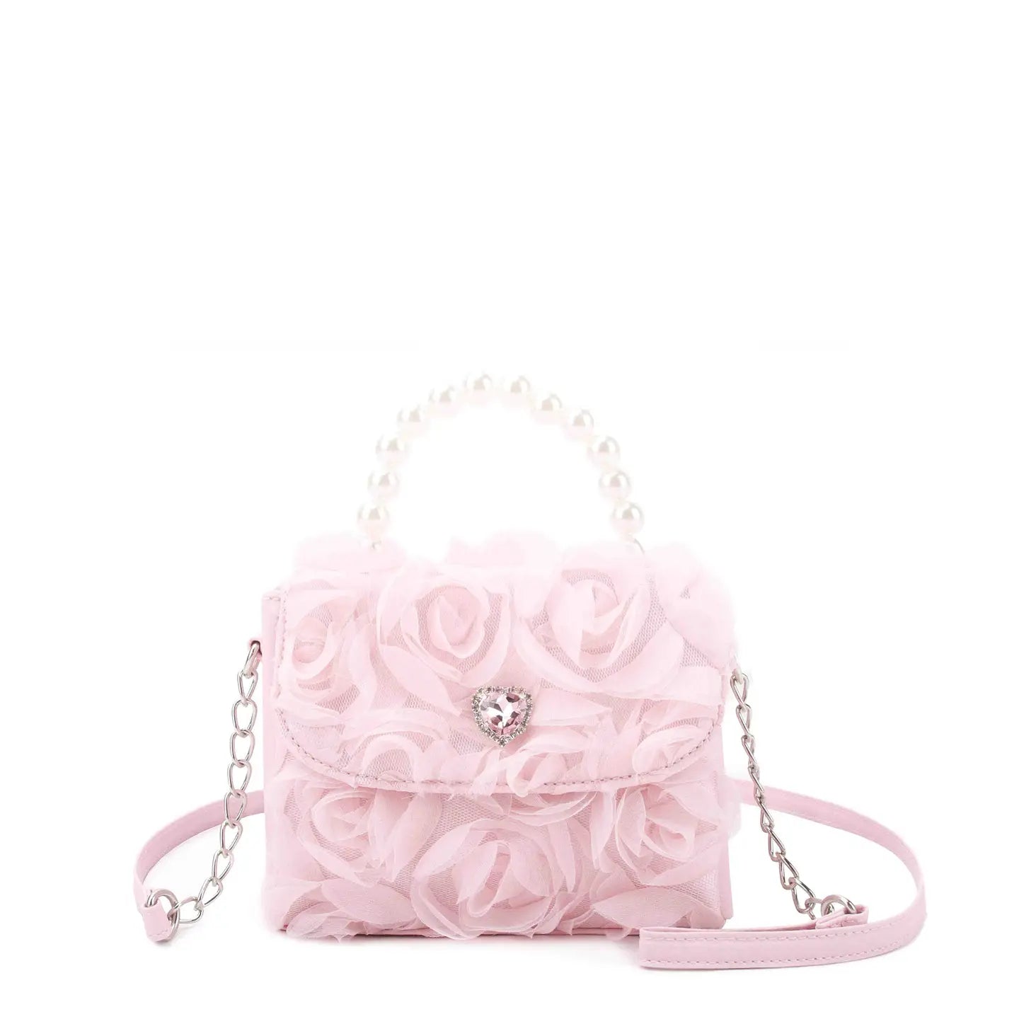 OMG Accessories Rosette Top Handle Mini Bag in black with floral rosette embellishments and a sleek, compact design.