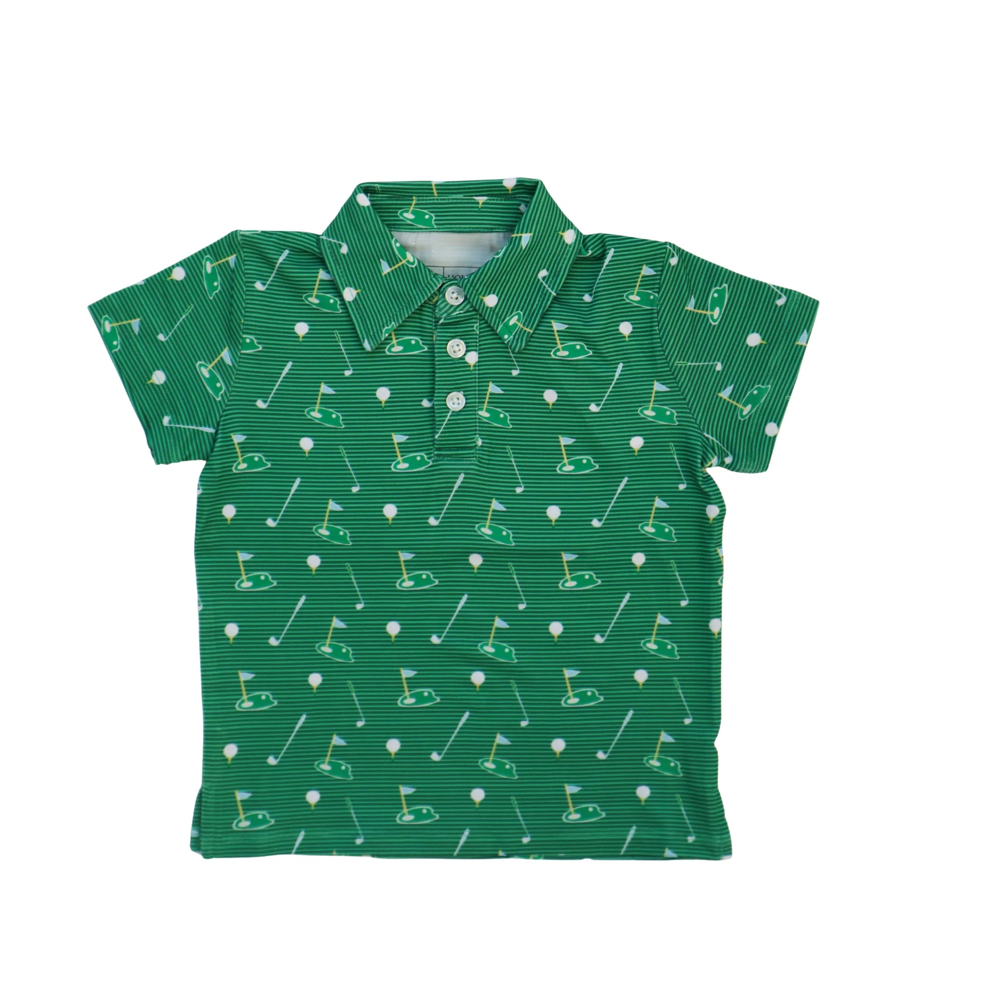 Green Golf Kyle Polo shirt by Hollis Baker featuring a classic collar and short sleeves, displayed on a white background.