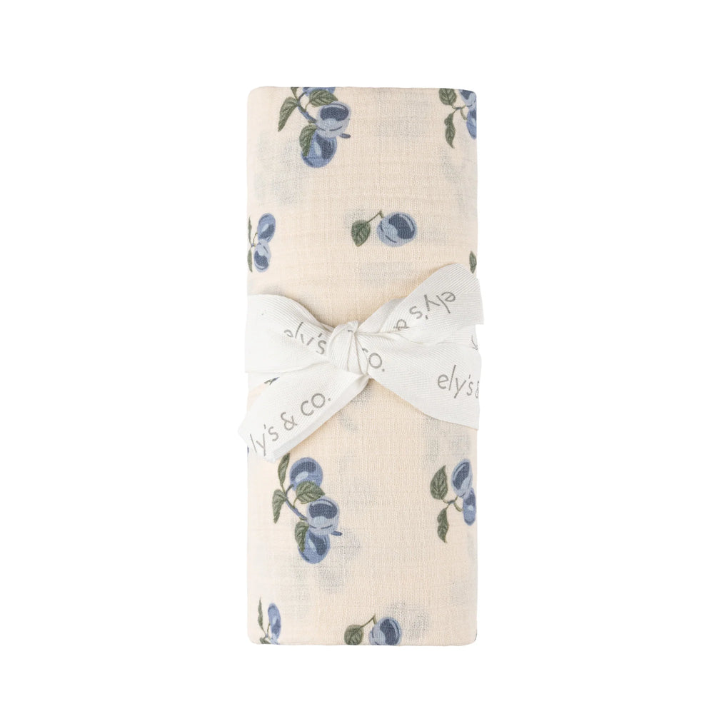 Ely's & Co - Plum Print Cream/Blue Muslin Swaddle