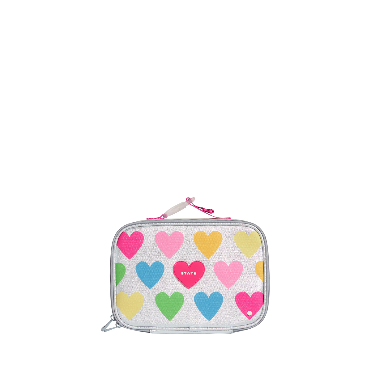 State Bags Happy Fuzzy Hearts Rodgers Lunch Box with colorful fuzzy heart design and sturdy handle.