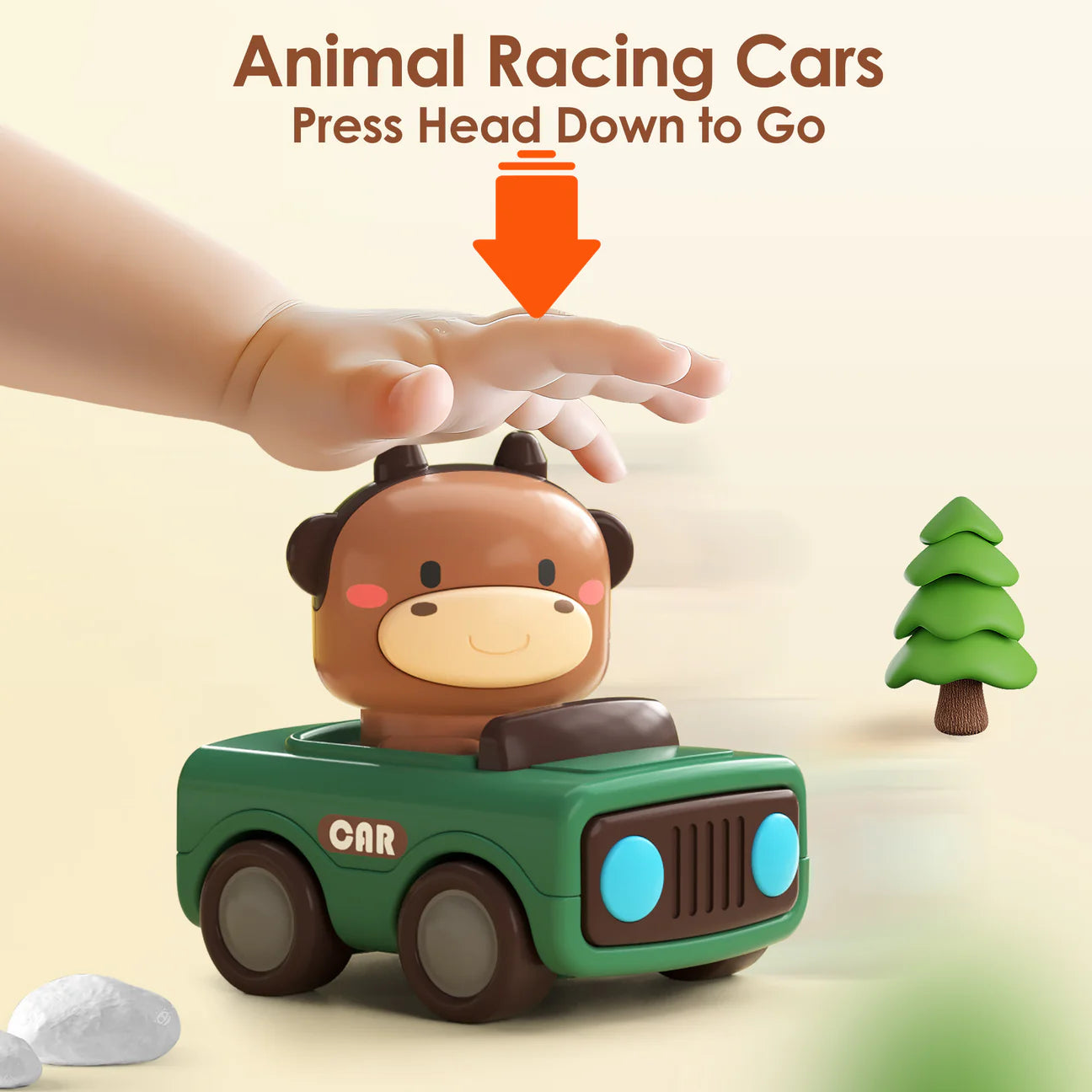 Colorful iPlayilearn Press and Go Animal Car Toys with smiling animal faces and vibrant designs for young children.