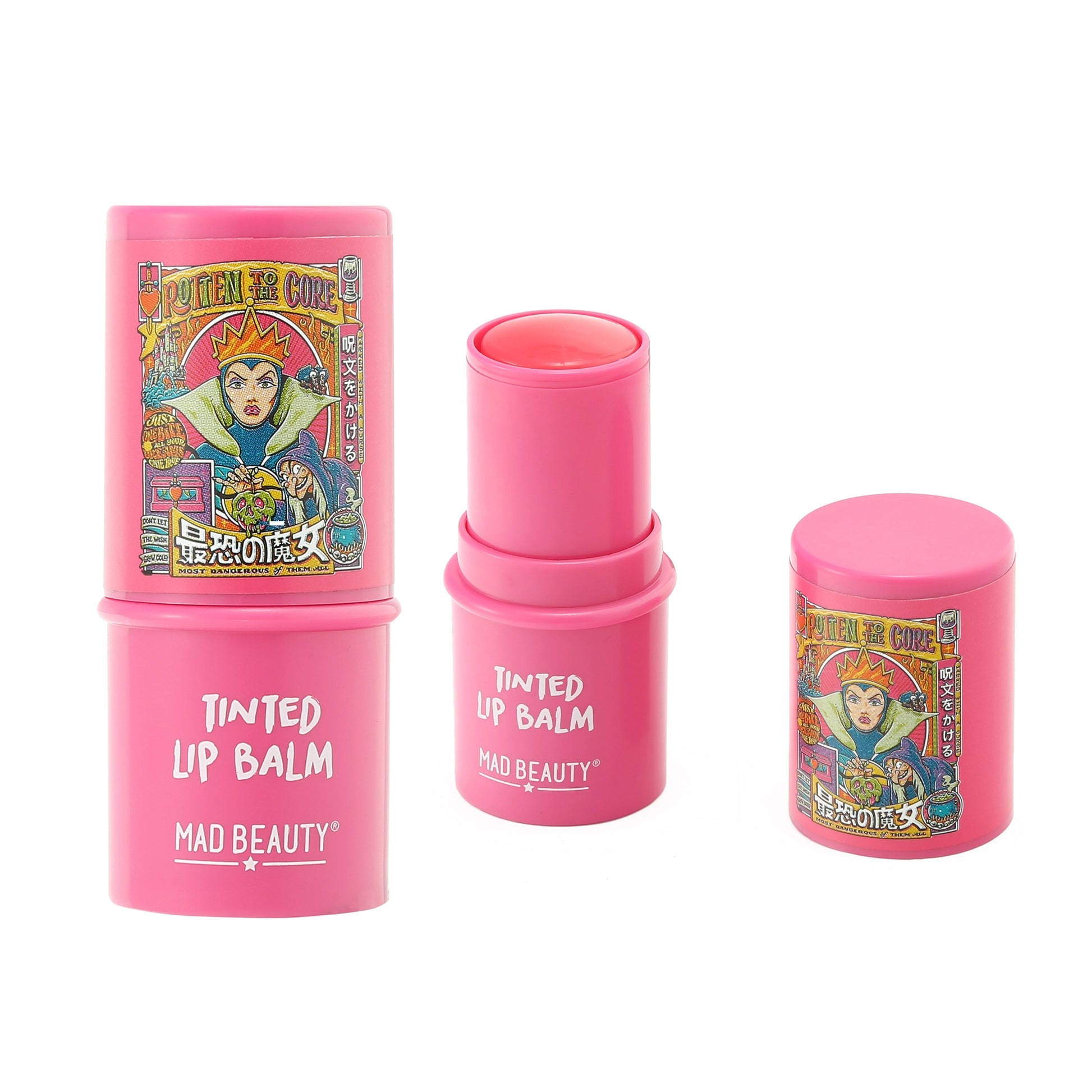 Wicked Villains Evil Queen tinted lip balm by Mad Beauty, featuring a sleek black container with a clear cap and purple tint.