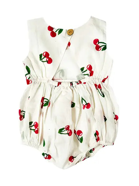 Eight Thousand Miles cherry back cut-out romper, sleeveless with open back and fitted design, casual summer jumpsuit.