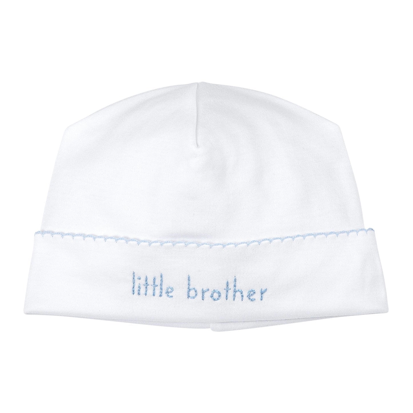 Magnolia Baby Little Brother embroidered baby hat with soft fabric and cute stitched lettering, designed for infants.