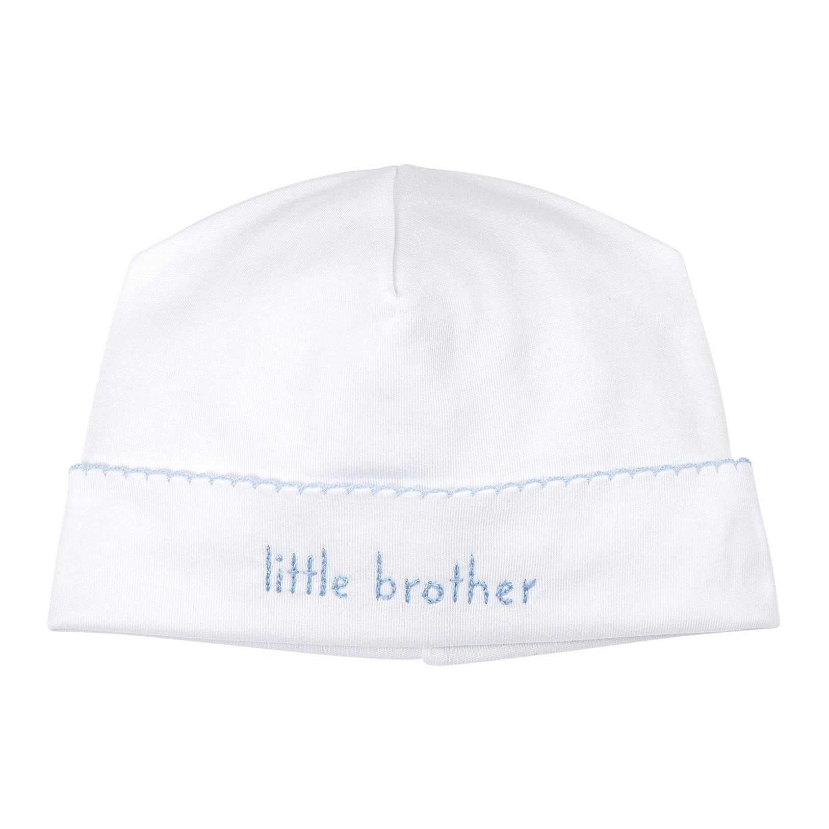 Magnolia Baby Little Brother embroidered baby hat with soft fabric and cute stitched lettering, designed for infants.